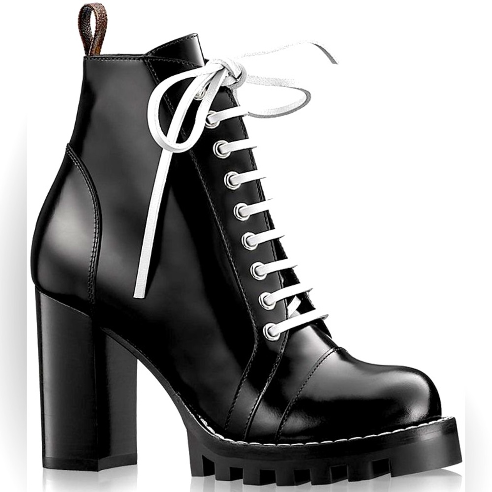 Louis Vuitton Star Trail Black Patent Ankle Boots with White Leather Laces